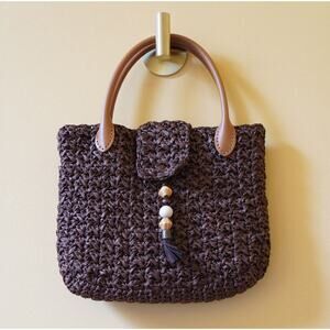 Handmade Straw Woven Crochet Boho Handbag Leather Handles Brown